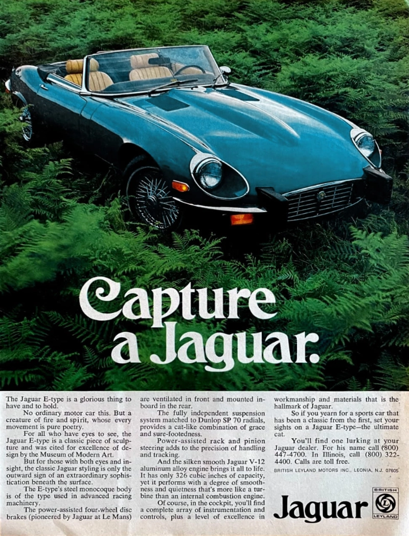 Jaguar E-type vintage auto ad; Capture a Jaguar